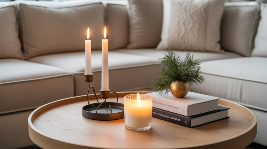 “Minimalist coffee table styled for Christmas with candles, pine greenery, and modern Scandinavian holiday decor.”