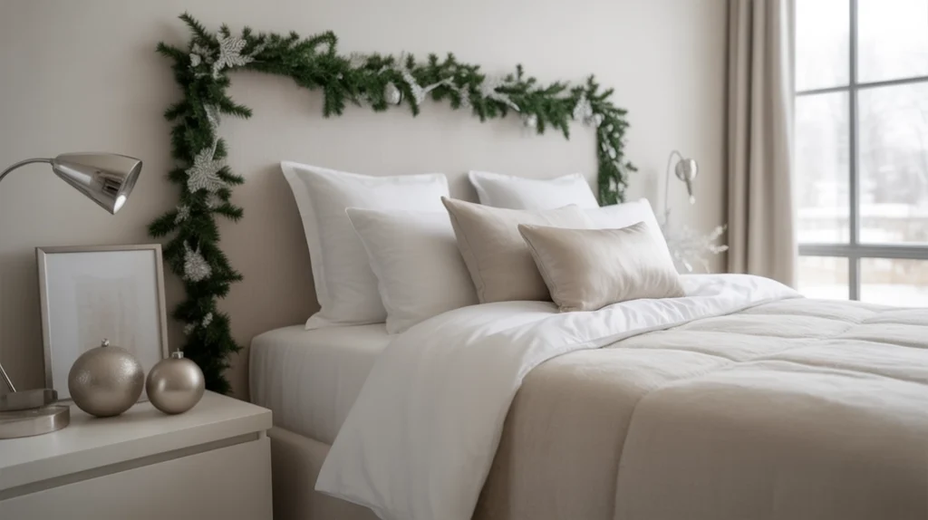 minimalist silver Christmas bedroom with clean lines, garlands, and soft white bedding for modern holiday style