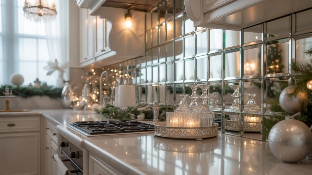 mirrored trays and glass backsplash reflecting light in a modern elegant christmas kitchen design