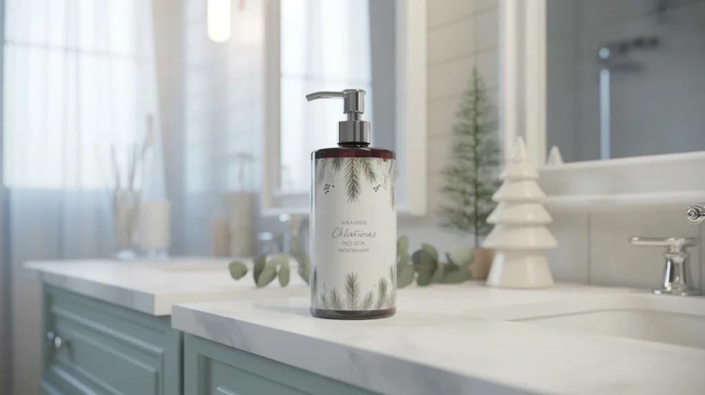 minimalist christmas hand soap bottle adding seasonal detail to a modern vanity