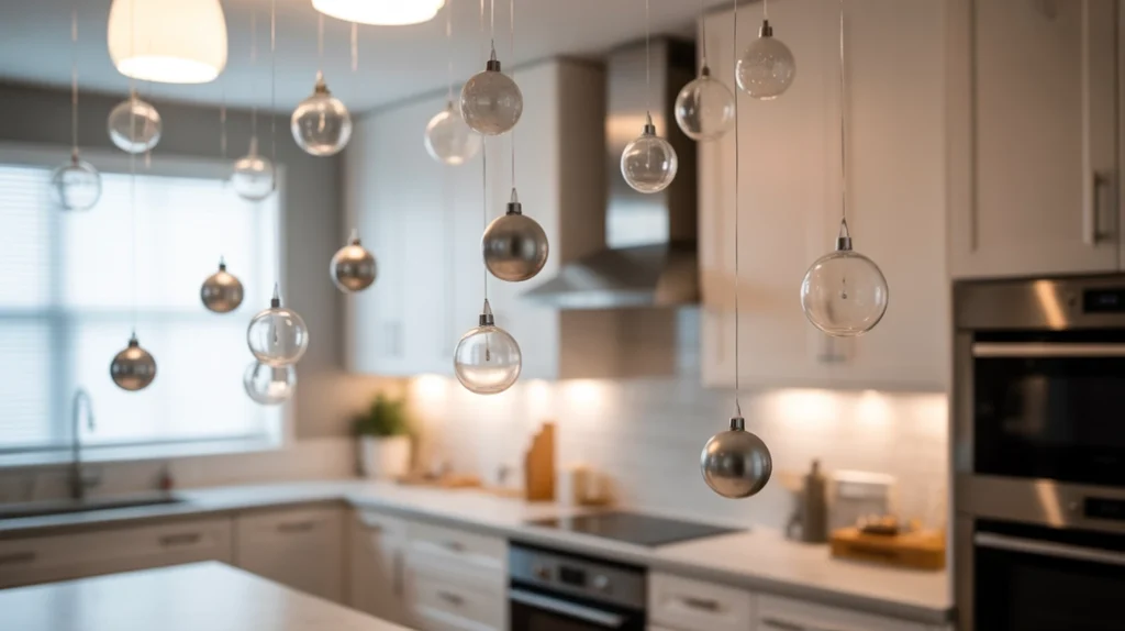 Modern Christmas ornaments hanging in kitchen for minimal festive holiday decor