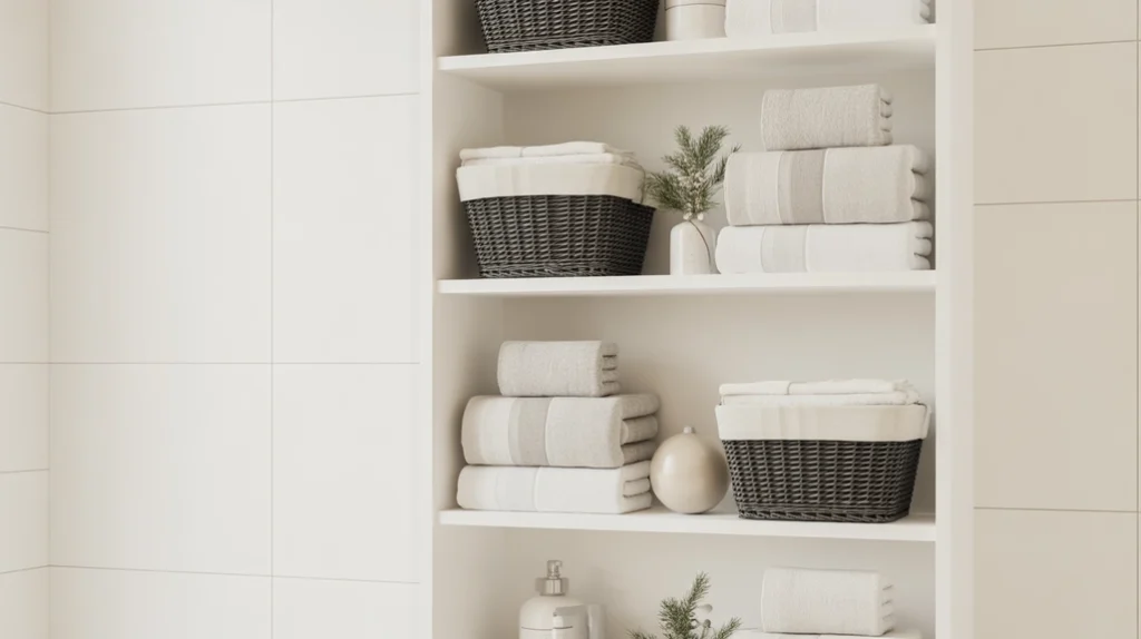 black and white storage baskets with folded towels and holiday details in a neat bathroom