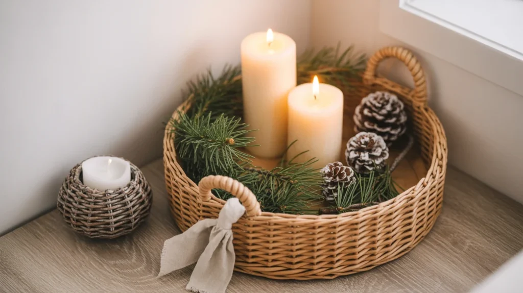 Small natural Christmas display with wood, greenery, and candlelight creating a warm organic holiday corner.