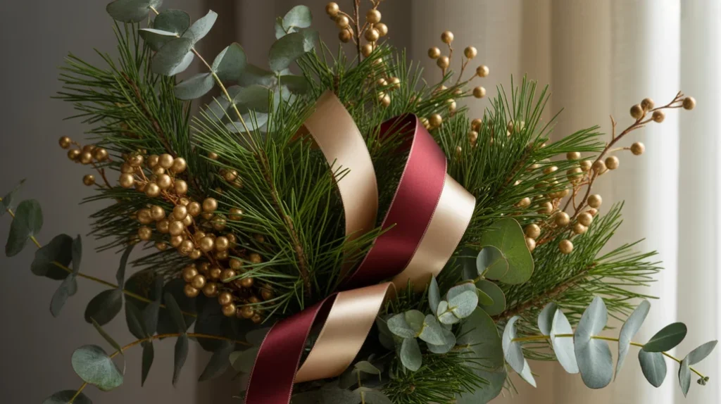 : Natural pine greenery styled with gold berries and ribbons for an elegant Christmas living room touch.