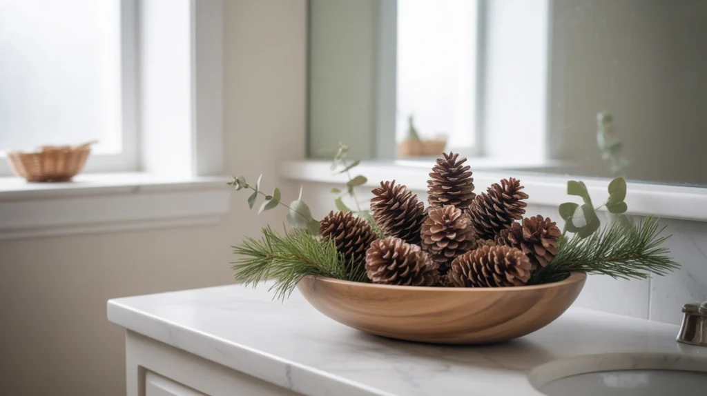 natural pinecones used as simple nordic winter accents in scandinavian christmas bathroom decor
