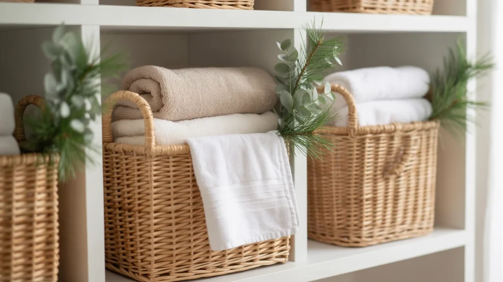 neutral woven storage baskets with simple holiday accents in a calm bathroom