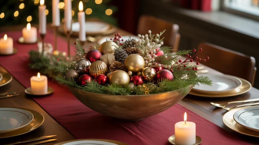 Ornament-filled Christmas centerpiece bowl with greenery and festive colors