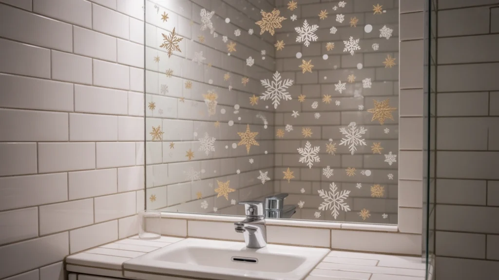 Peel-and-stick Christmas decals adding playful winter style to a small bathroom.
