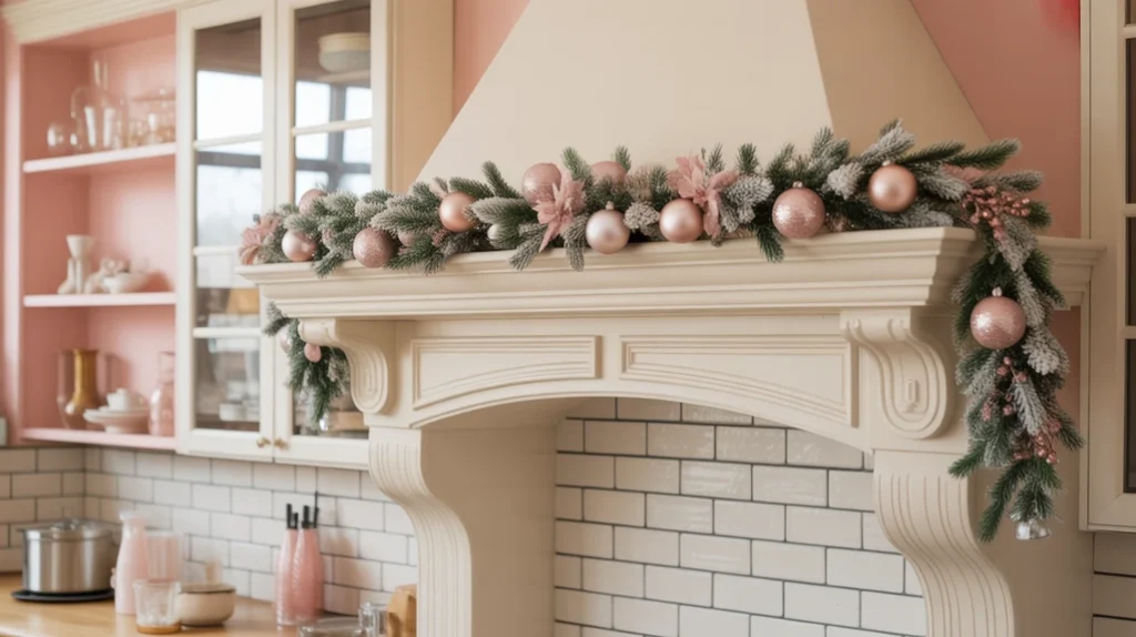 Pink Christmas garland with frosted leaves and blush ornaments draped on kitchen shelves