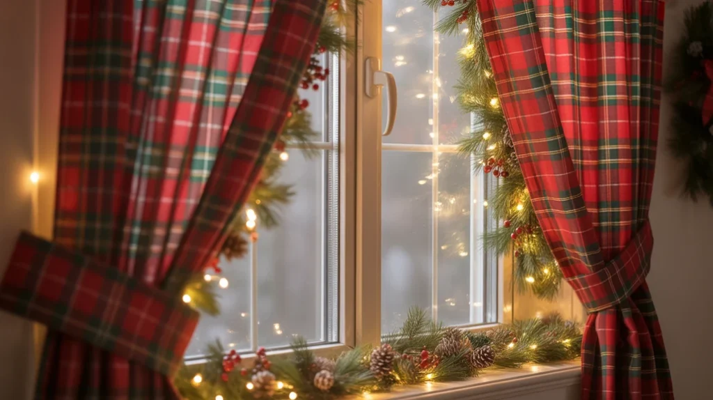 Plaid curtains paired with fairy lights and garlands for cozy Christmas window decor.