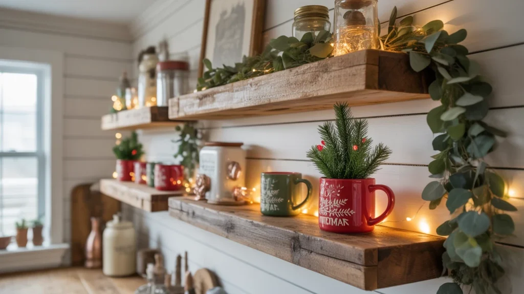 reclaimed wood shelves styled with mugs, greenery, and christmas decor in farmhouse kitchen