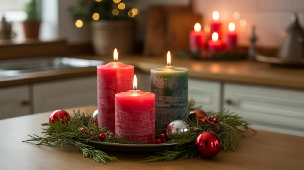 Red and green candles arranged with garlands and ornaments on a kitchen countertop for a warm holiday glow.