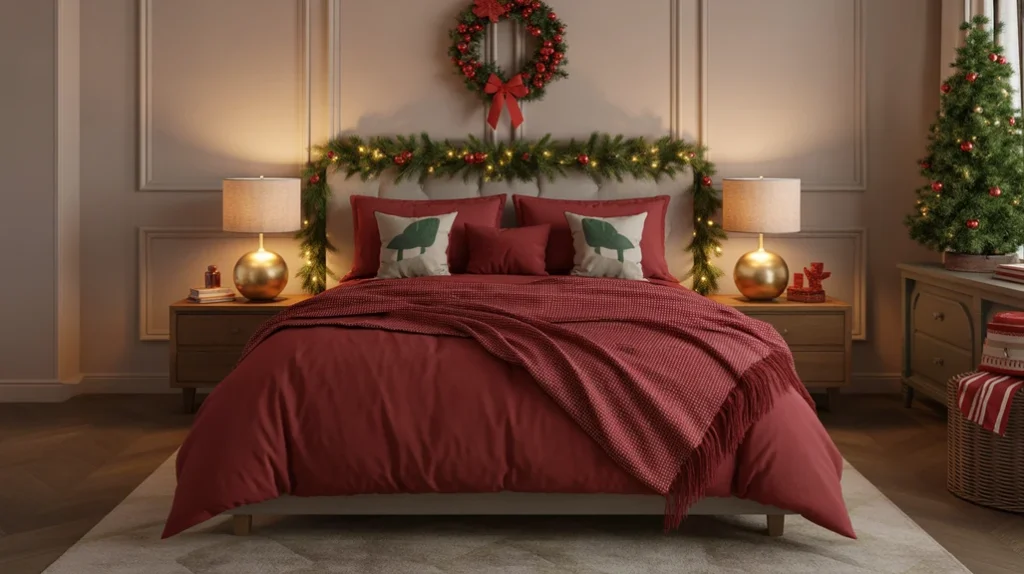 christmas bedroom with red bedding and green garlands showcasing traditional holiday color theme