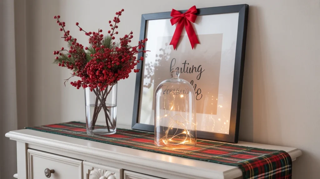 Entryway console table with red berries, plaid runner, and glowing fairy lights creating a warm welcome.