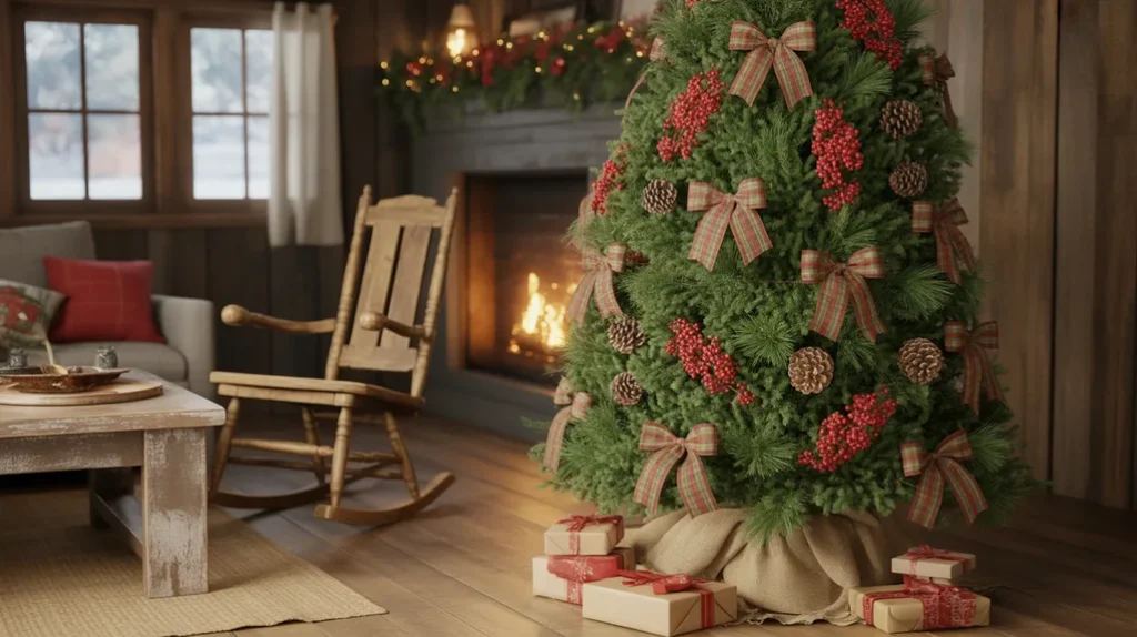 Rustic farmhouse Christmas tree with red berry sprigs and plaid ribbons for a festive pop of color.