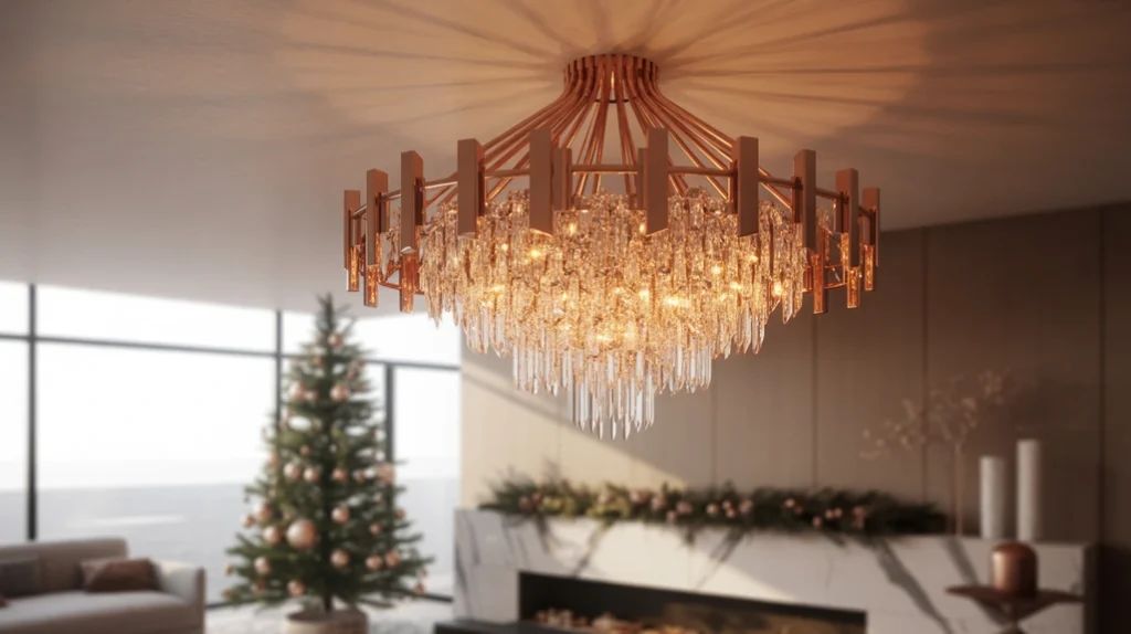 Statement rose gold chandelier highlighting a modern Christmas living room with metallic glam appeal.