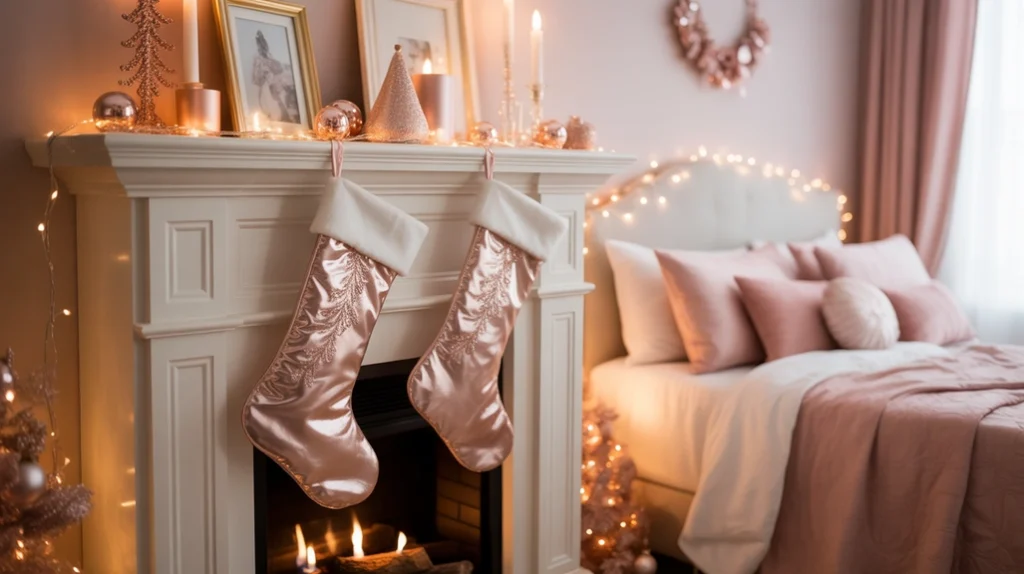 rose gold Christmas stockings and metallic trays enhancing decorative festive look in bedroom interior