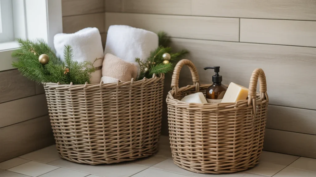 woven rustic baskets used for warm farmhouse christmas bathroom storage