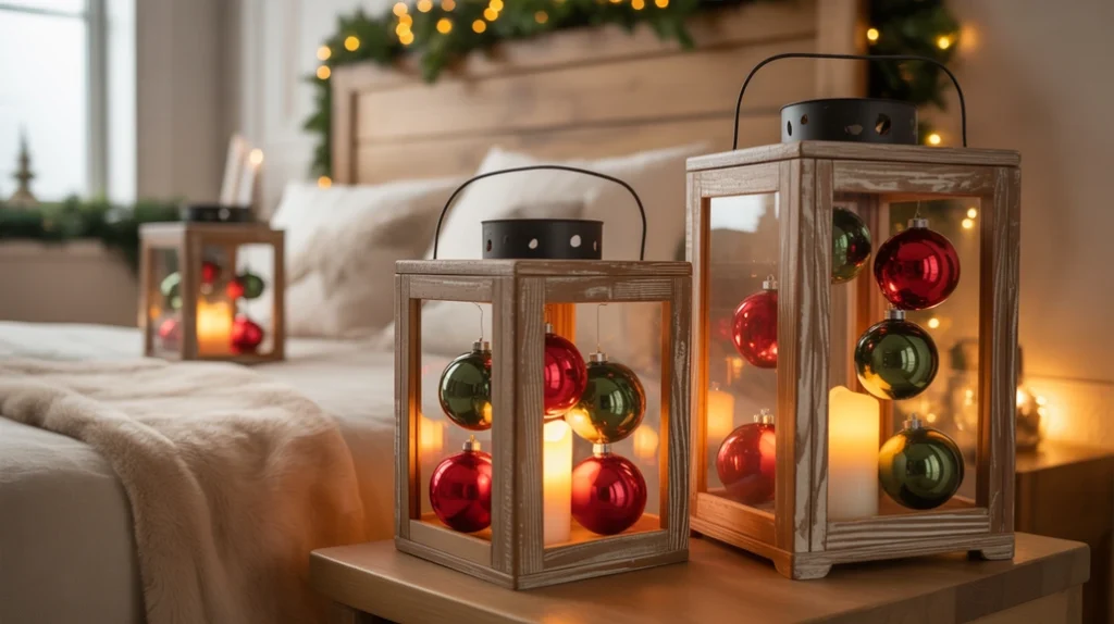 Rustic lanterns filled with red and green ornaments in cozy Christmas bedroom