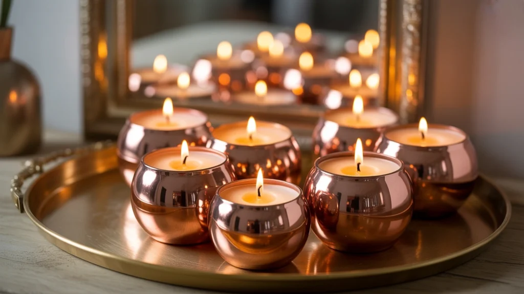 Pink candles in metallic jars glowing softly in a cozy Christmas bedroom corner