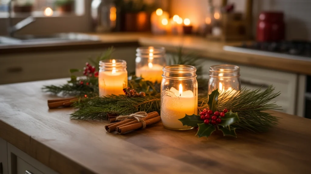 Kitchen counter styled with pine-scented candles and greenery for cozy and aromatic Christmas holiday atmosphere