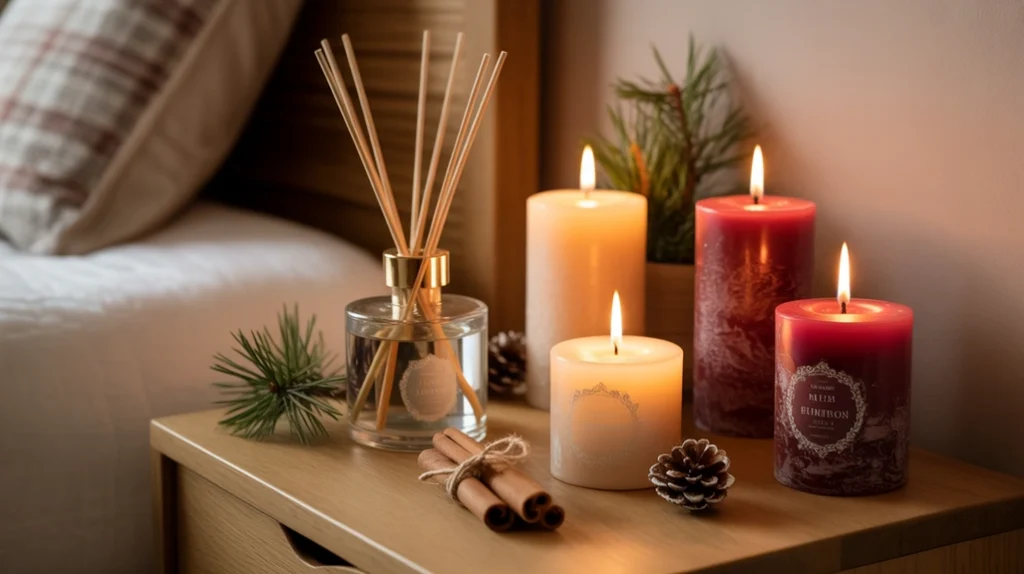 Scented candles and pine diffusers creating cozy holiday aroma in small apartment bedroom