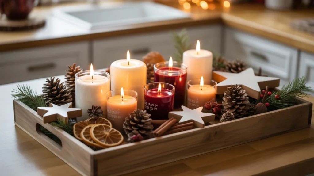 tray with scented christmas candles, pinecones, and cozy festive kitchen decor