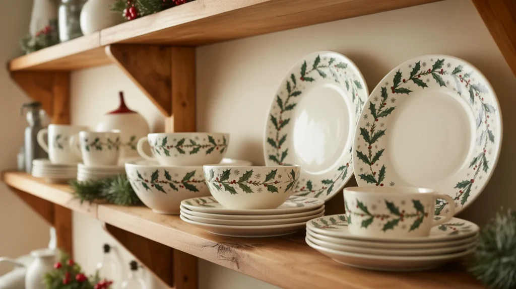 festive christmas kitchen dishware with holly and snowflake patterns on open wooden shelves