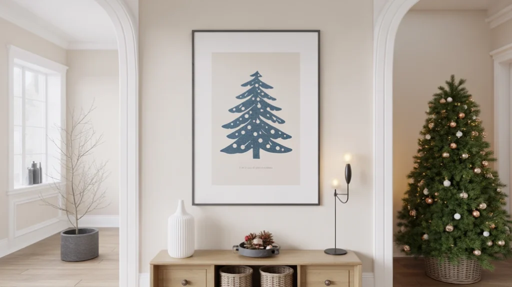 Seasonal wall art featuring winter prints for Christmas entryway styling”