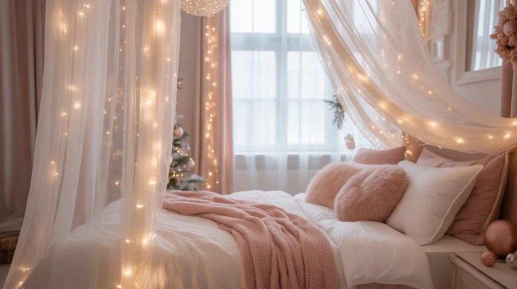 sheer curtains and fairy lights adding dreamy glow to blush Christmas bedroom decor