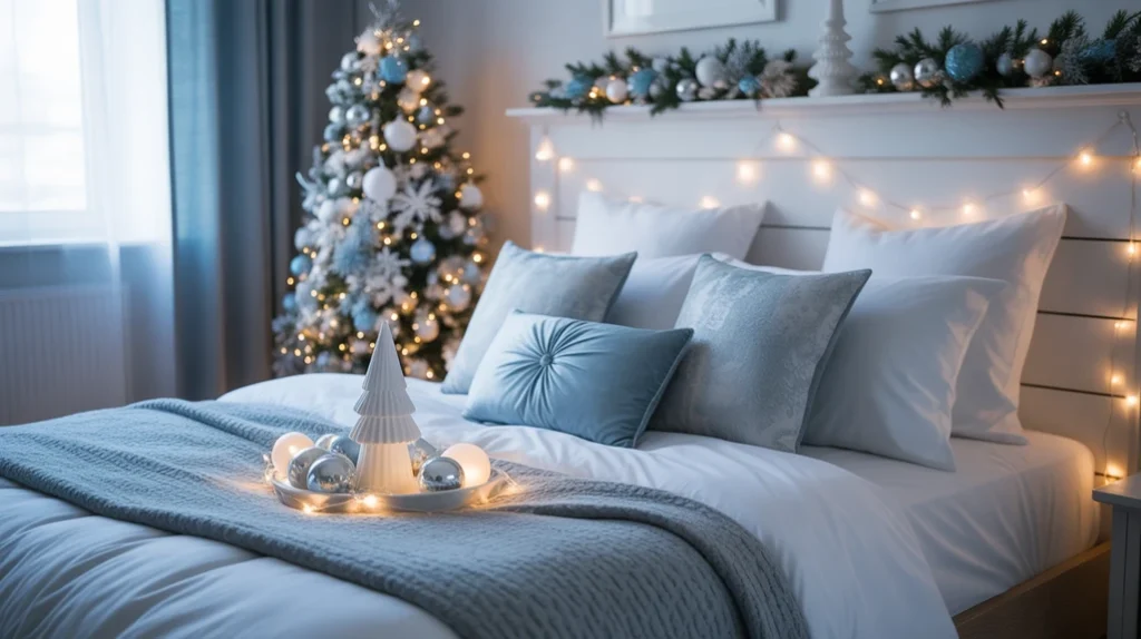 Silver, blue, and white Christmas bedroom with winter wonderland theme