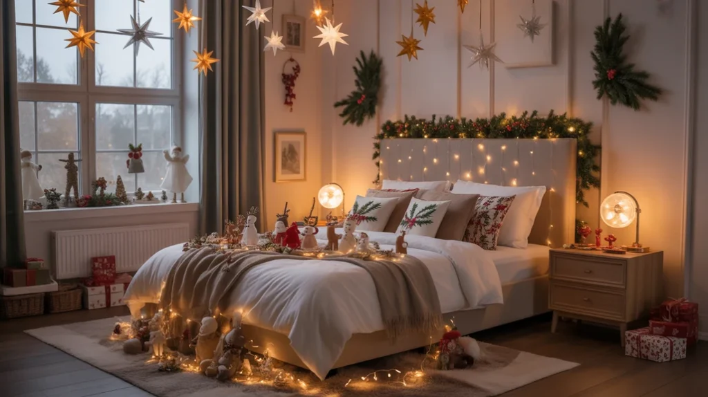 Small Christmas ornaments and decorative accents for festive bedroom styling