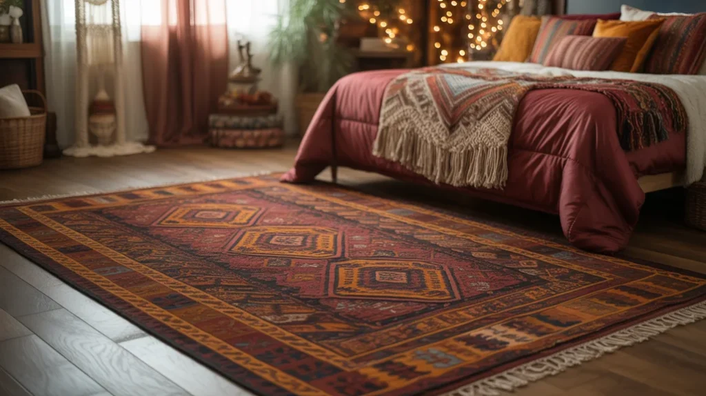 Patterned Persian rug grounding the space and adding cozy depth to bohemian Christmas bedroom ideas