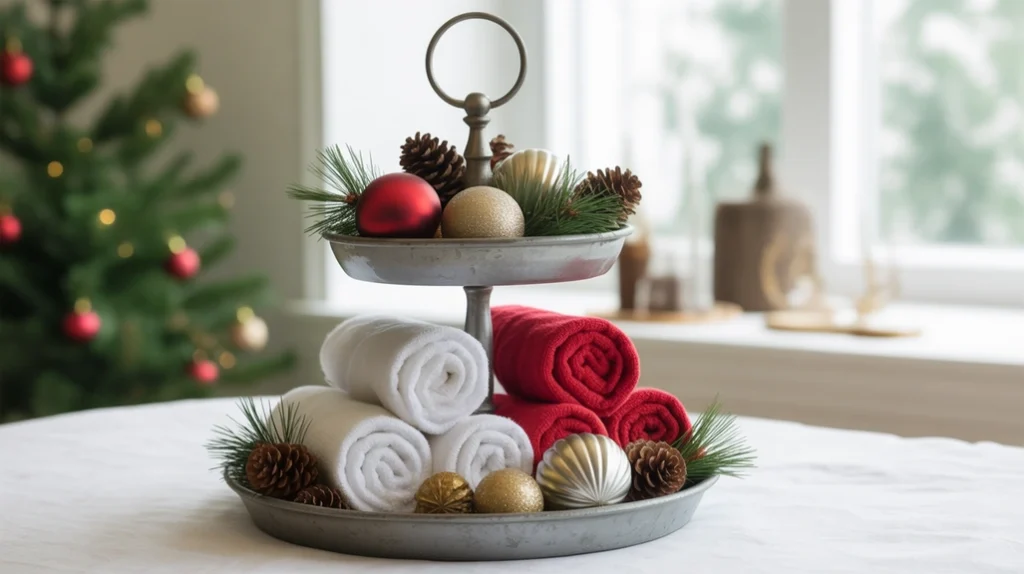 tiered tray with rolled towels, pine cones, and ornaments for a small-space christmas décor idea