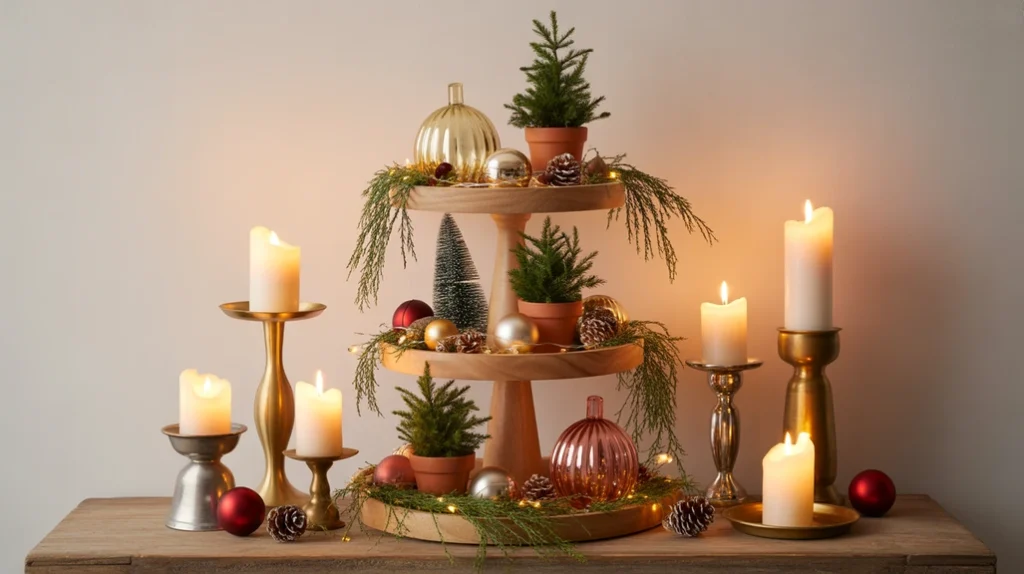 Tiered tray and candle stand setup with ornaments for layered Christmas decor