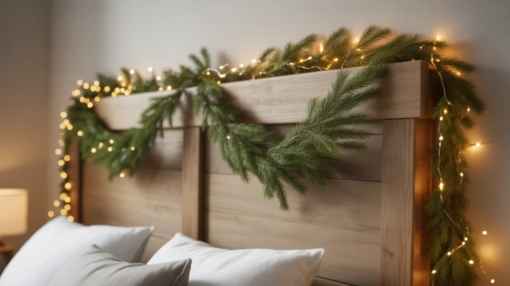 Tiny garland on headboard adding subtle holiday charm to small Christmas bedroom