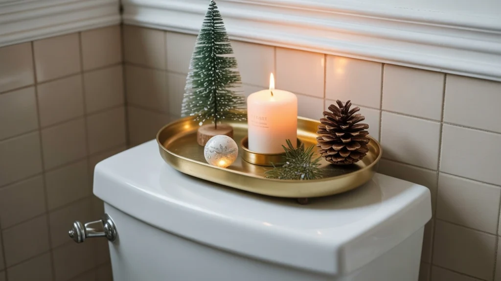 small toilet tank tray holding a candle and pine cone for a cozy festive display