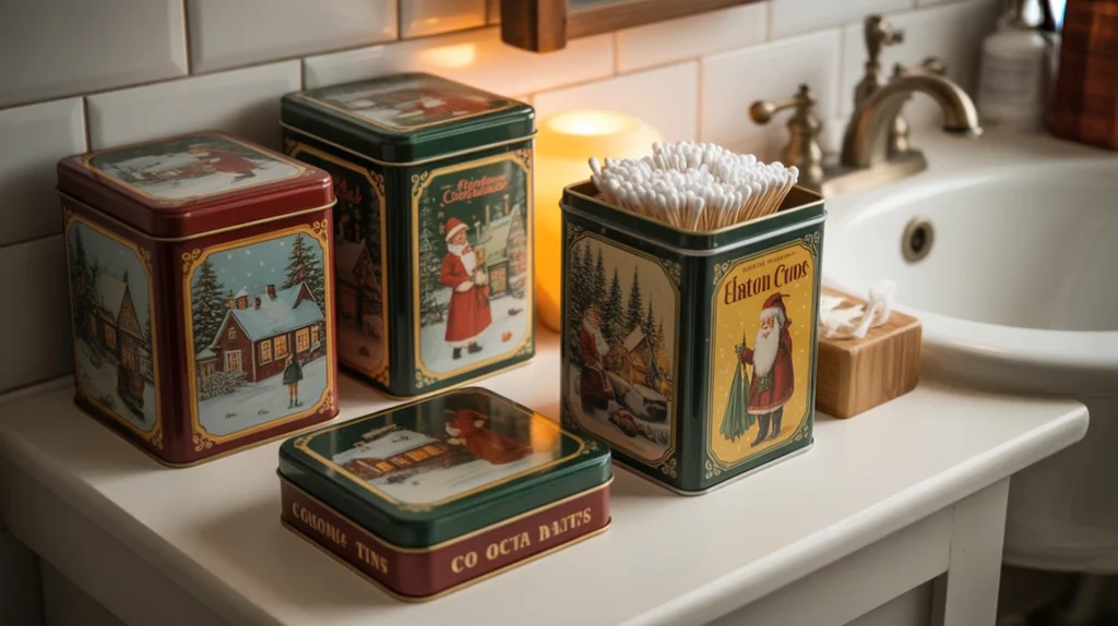 vintage holiday tins used as bathroom storage with nostalgic christmas prints