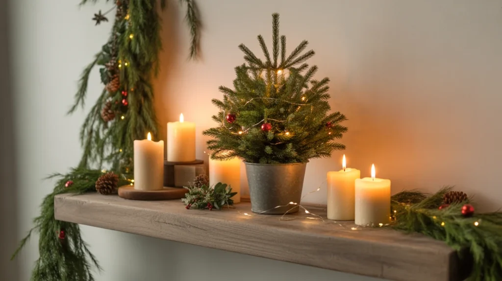 Wall shelf with mini Christmas tree and garland decor