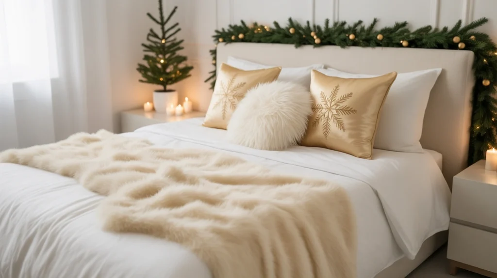 Minimalist Christmas bedroom in white and gold tones featuring elegant blankets and festive pillows.