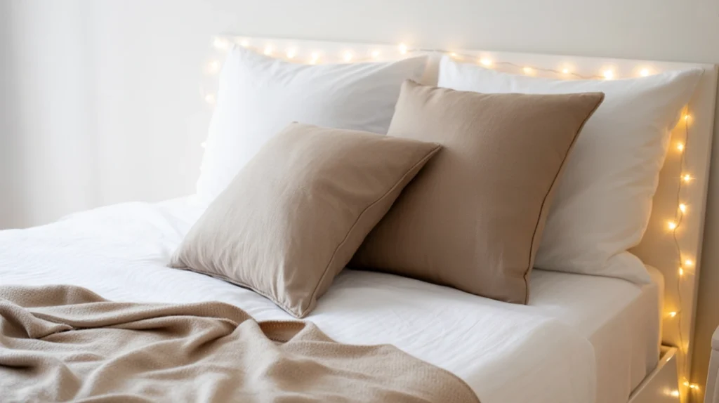crisp white bedding with beige accents creating minimal Christmas bedroom elegance