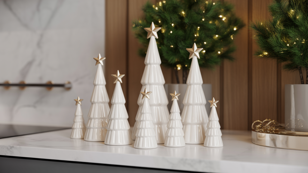 White ceramic Christmas trees with gold accents arranged on a counter for a minimal and refined holiday decoration.