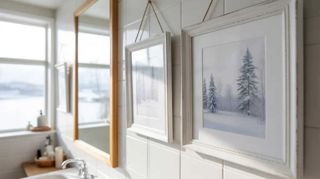white winter wall art adding calm seasonal charm to a modern bathroom