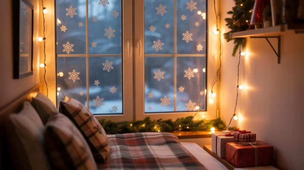 Window decorated with snowflake decals and lights in compact Christmas bedroom