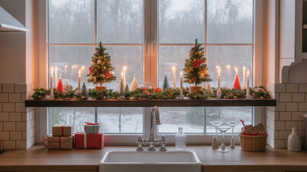 Floating window shelf in a kitchen decorated with candles, mini trees, and wrapped gifts for cozy holiday styling.