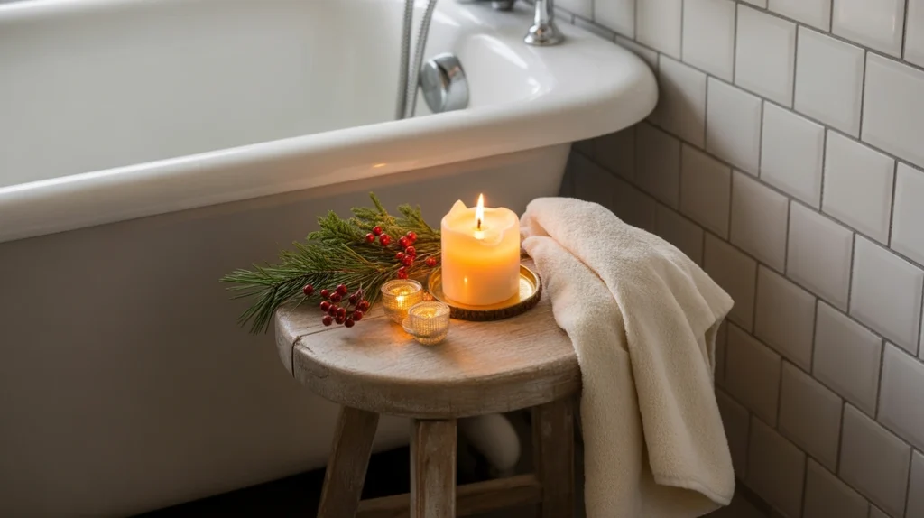 Small wooden stool decorated with cozy Christmas accents in a Hygge winter bathroom.