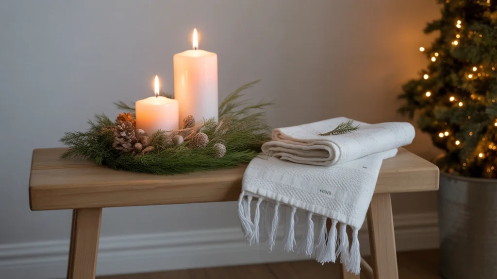 Light wooden stool styled with candles and greenery for warm Nordic Christmas bathroom décor