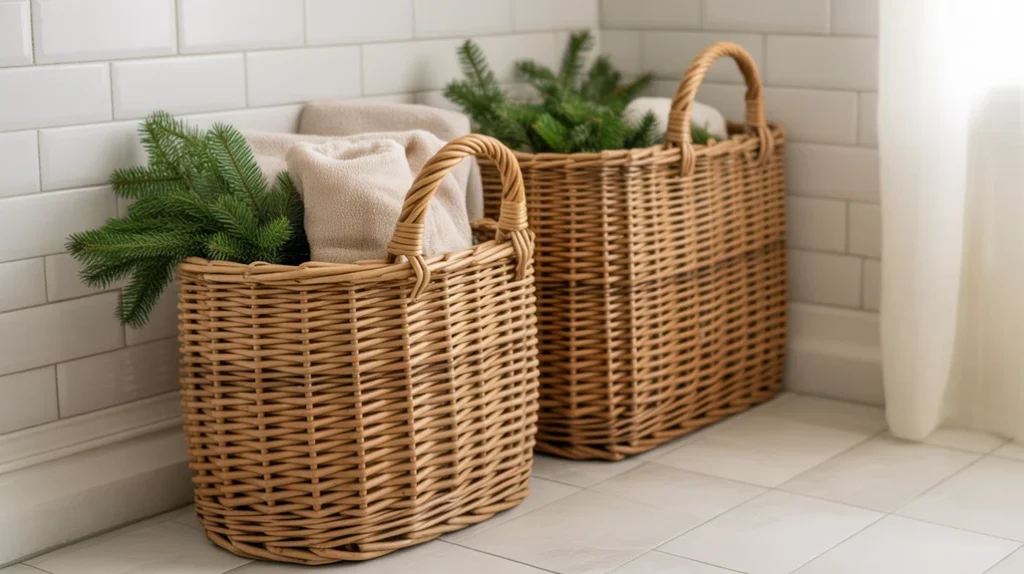 woven baskets holding towels and greenery for warm country christmas storage