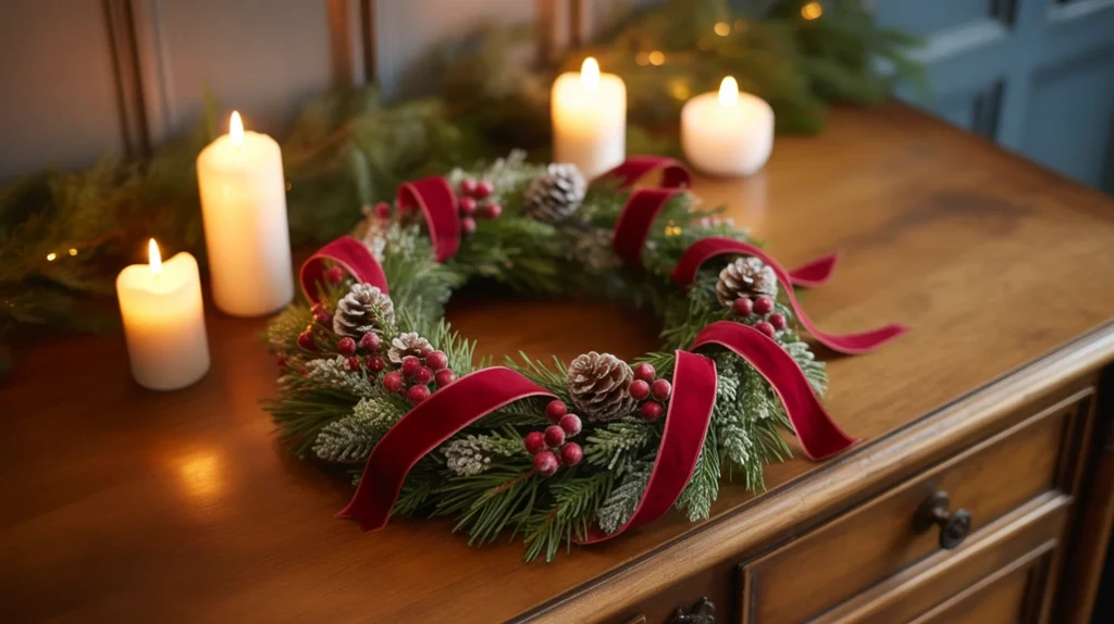 Small wreath centerpiece with candle arrangement for cozy Christmas bedroom style