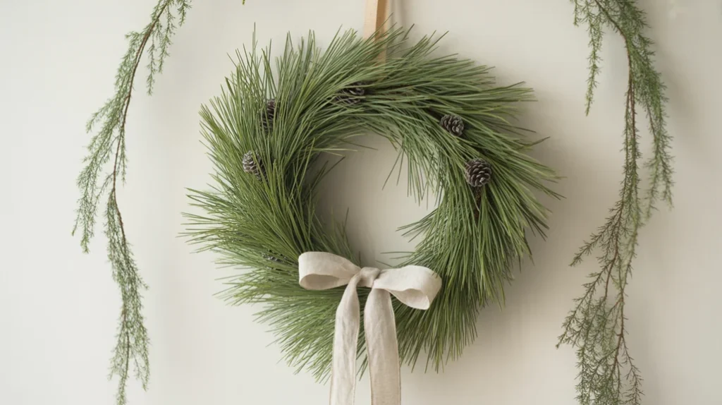 Natural pine wreath with linen ribbon and garlands for organic rustic modern holiday decor